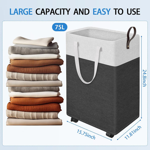 HomeHacks Rolling Large Laundry Hamper Large Collapsible Basket on Wheels, Waterproof Clothes Hamper, Narrow Corner Clothes Bins with Handles for Bathroom, Bedroom & Dorm (25 inches Grey) by HomeHacks