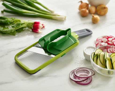Joseph Joseph Multi-Grip Hand-held Kitchen Mandoline, Adjustable Blades Slicer with Food Grip, Dishwasher Safe