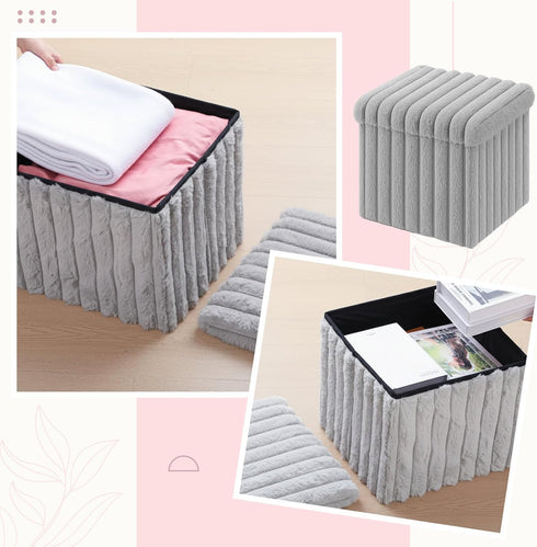 15x15x13 Inch, 265lbs Wenqik Grey Storage Ottoman Cube, Fluffy and Furry Grey Square Foot Rest Stool, Foldable Storage