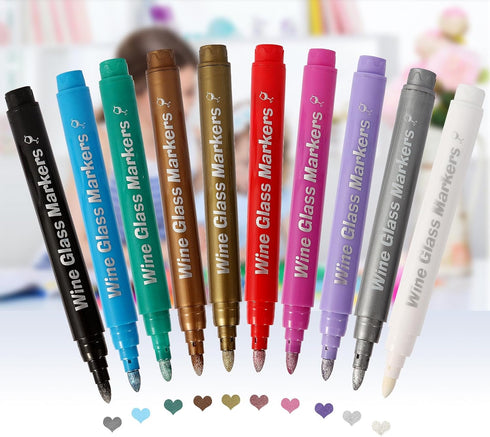 Adanluxe 10PCS Metallic Wine Glass Markers, Food Grade Non-Toxic Window Markers for Glass Washable, Premium Paint Pens