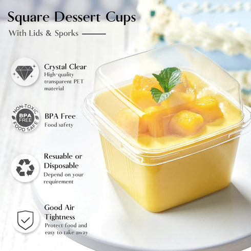 50Ct 8 oz TOFLEN Square Plastic Dessert Cups with Lids and Sporks, Clear Plastic Yogurt Parfait Cups Cake Cups