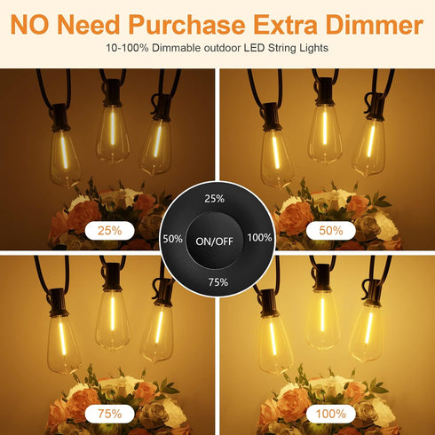 50FT 2500K 25+1 Bulbs, Dimmable Outdoor String Lights with Remote, Garden Patio Decor with Warm White, LED Edison