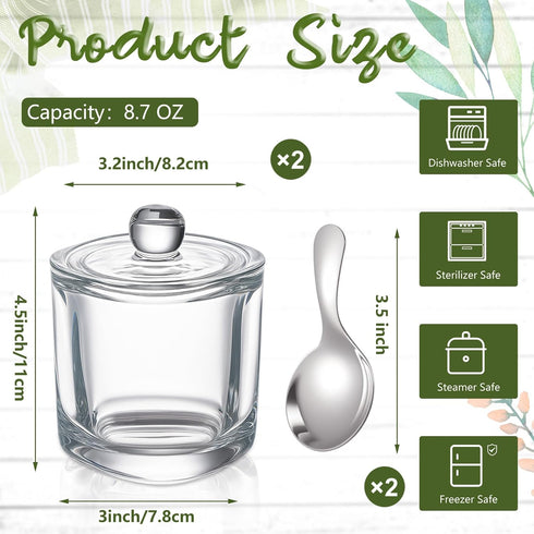 Reallnaive 2 Set 8.7oz Glass Salt Cellar with Lid and Spoon Container for Kosher, Sea, Himalayan Salt, Candy, Pepper