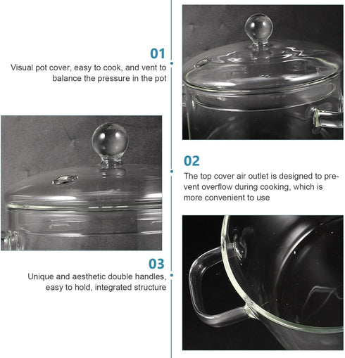 Clear Glass Saucepan with Cover and Handles, 1500ml Simmer Pot for Cooking Pasta, Noodle, Soup, Milk