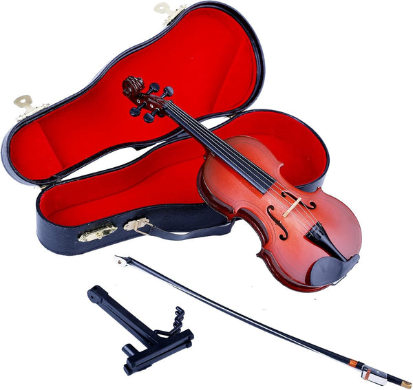 Dselvgvu Wooden Miniature Violin with Stand, Bow and Case Mini Musical Instrument Violin