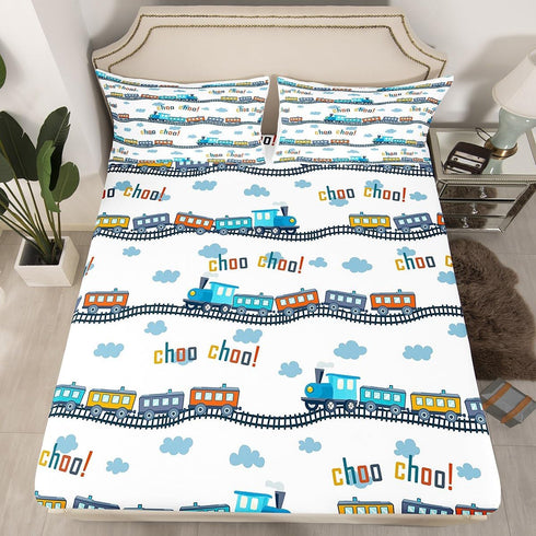 Set 3Pcs Sheet,2 Colorful Train Fitted Sheet Full Size Cartoon Car Bedding Blue Train Tracks Cloud Bed Sheet for Kids