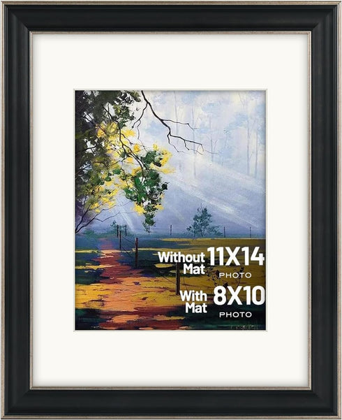Golden State Art 11x14 Photo Frame with Mat for 8x10 Pictures, Real Glass, Silver-Beige with Black-Dark Brown Panel