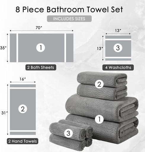 8 Set |2 Sheet,2 Towels,4 Cozy Set Piece Bath Towel Grey Oversized Large Bath Hand Washcloths| Ultra Soft Bath Towel