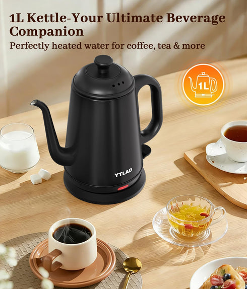 1L, 1000W 304 Gooseneck Electric Kettle Fast Boiling for Pour-Over Coffee & Tea, Stainless Steel BPA-Free, Precise Flow