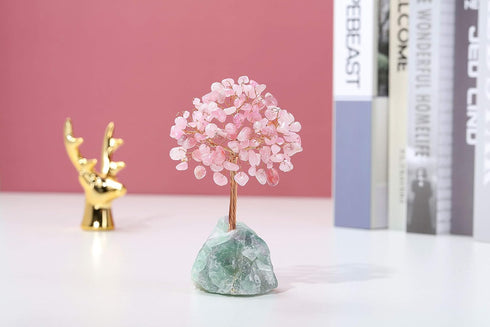 Jovivi Natural Rose Quartz Crystal Tree, Bonsai Money Tree with Raw Healing Crystals Fluorite Base for Home Office Decor