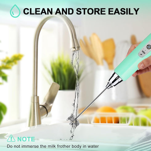 YUSWKO Baby Blue Handheld Milk Frother Wand, Rechargeable Electric Whisk with 3 Heads for Coffee, Latte, Hot Chocolate
