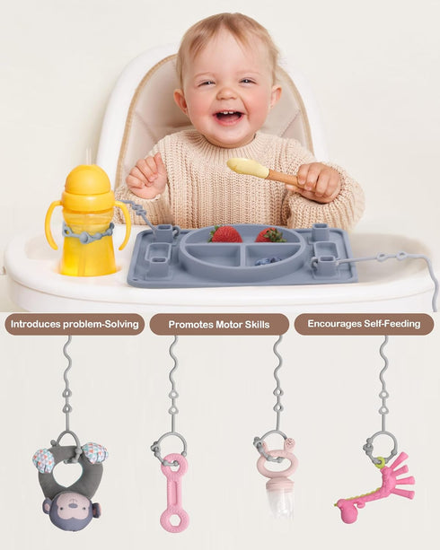 starturflyu 4 Strong Suction Baby Placemat, Silicone Toddler Plate with Toy Straps & Anti-Peel Design, Dishwasher Safe