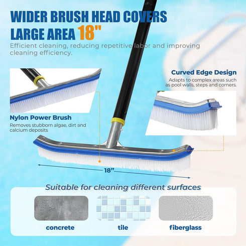 6FT 2-in-1 Commercial) Heavy Duty Pool Brush - Pool Scrubber with Aluminum Frame & Nylon Brush Head, Adjustable