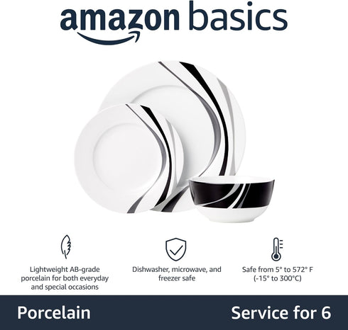 18-Piece Set, 6, Amazon Basics Complete Kitchen Dinnerware Microwave and Dishwasher Safe, Plates, Dishes, Bowls, Swirl