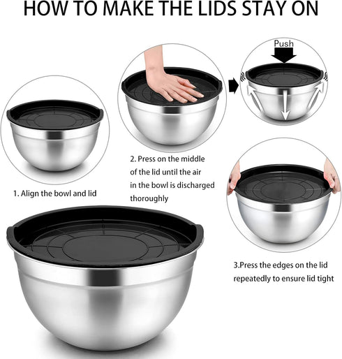 P&P CHEF Set of 5 Stainless Steel Mixing Bowls with Black Lids, Nesting Salad Mix Bowl for Mixing, 4.6, 3, 1.5, 1, 0.7