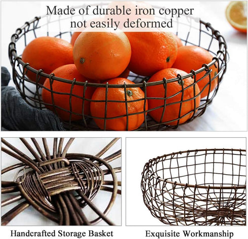 Retro Handcrafted Iron Fruit Basket, Rustic Farmhouse Wire Bowl for Kitchen Table Dining Decoration