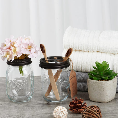 Amolliar Mason Jar Toothbrush Holder- Rustproof Stainless Steel - Holds 2 Toothbrushes and Toothpaste,with Chalkboard Labels - Farmhouse D cor Bathroom Countertop and Vanity Storage Organizer,Bronze by Amolliar