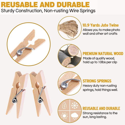 Sturdy Mini Clothes Pins, 150 Pcs 1 Inch Natural Wooden Clothespins with 33 FT Jute Twine for Crafts Display