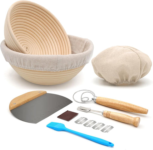Bread Proofing Basket Set of 2, 8 Inch & 9 Inch Round, Rattan Basket Bowls with Bread Making Tools for Sourdough Baking