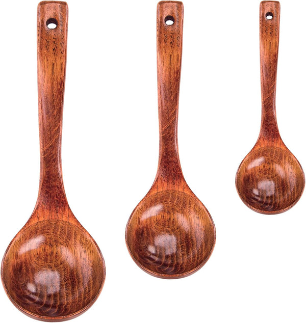 3PCS Wooden Ladle Spoon Set by HANSGO, Non-Stick Natural Teak Wood Kitchen Utensils for Cooking, Stirring, Serving