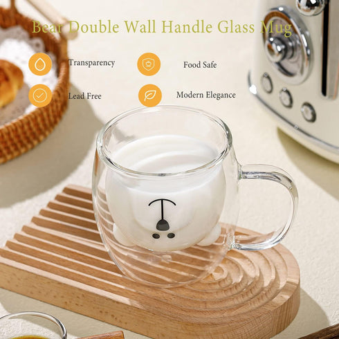 Binoster Bear Cute Mugs Kawaii Double Wall Glass Coffee Tea Mill Yogurt Cup Funny Novelty Gift for Women Her Friends