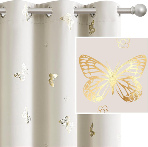 84 Inches Grommet Jubilantex Ivory Gold Butterfly Blackout Curtains Long with Black Layer Thermal Insulated Window