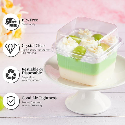 50 Pack 8 oz Kucoele Plastic Dessert Cups with Lids and Sporks, Clear Square Cake Cups Dessert Containers for Pudding