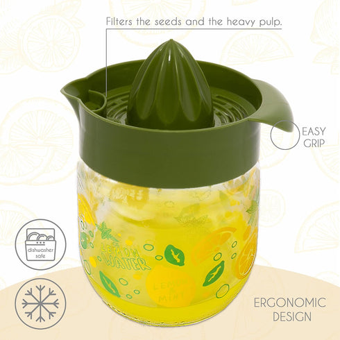 Crystalia Manuel Citrus Juicer with Glass Storage Jar - Handheld Juice Press Extractor for Lemon, Orange, Lime,