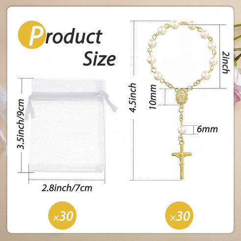 Junkin 30 Pieces Baptism Rosary, Acrylic Rosary Beads in Ivory Color with Gold Plated Faux Pearls and Organza Bags