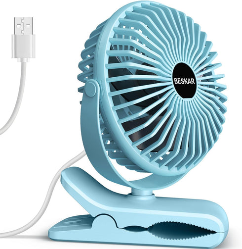BESKAR Clip on Fan - Portable Small Desk Fan with Strong Airflow, 3 Speeds, USB Powered, Quiet