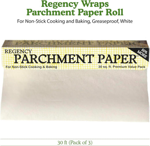 Regency Wraps Parchment Paper, Greaseproof for Non-Stick Cooking & Baking, 30ft Roll, White, Pack of 3