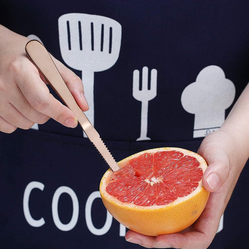 HOMQUEN Rose Gold Grapefruit Spoons Set, 3 Pieces, 2 Stainless Steel Spoons and 1 Knife with Titanium Plating