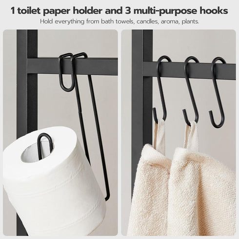 HOOBRO 2-Tier Over The Toilet Storage Organizer Shelf, Bathroom with Toilet Paper Holder and Hooks, Greige and Black
