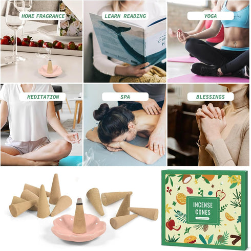 SCENTORINI Incense Cones, 120 Cones with Holder for Relaxation Meditation Kit, Cedarwood, Vanilla, Mint, Cinnamon