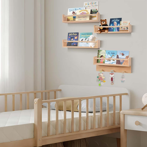 Generic Bookshelves,Set 4 BOMID Wall of Natural Wood Floating Bookshelf,Nursery Shelves,Floating Book Shelves