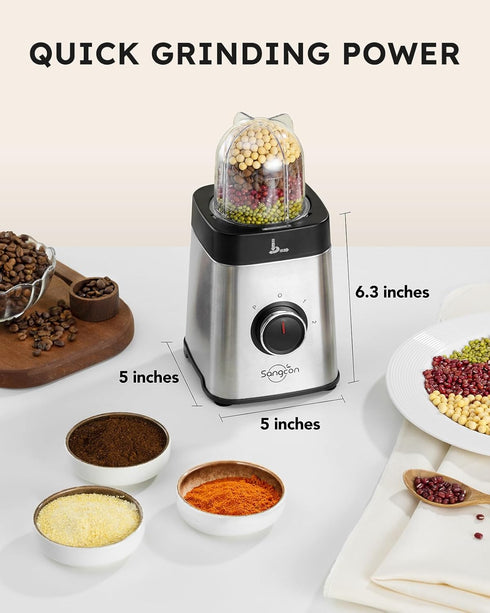 Sangcon Blenders and Food Processor Combo, 40 oz Jar & 17oz Cup with To-Go Lid, Stainless Steel Silver, for Shakes and