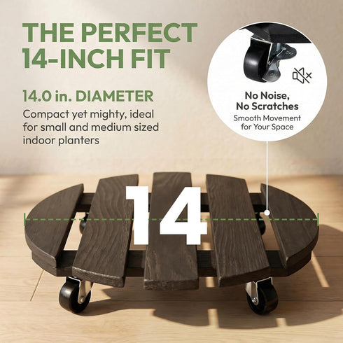 2 Packs 360Lockable 14") ZXZYHFTY Round Wooden Plant Stand with Wheels, Rolling Plant Stand with Wheels for Vertical