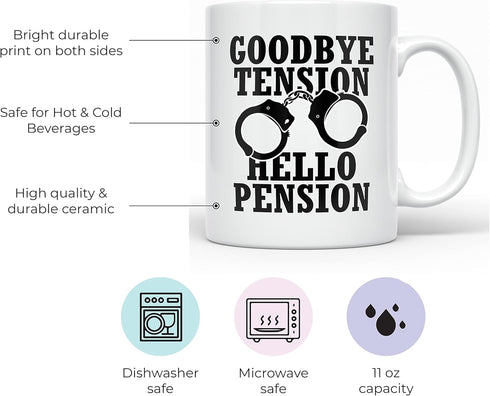 YouNique Designs Goodbye Tension Hello Pension - 11 Oz Portable Coffee Mug, Retirement Gift for Police Officer