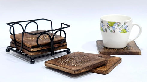 StonKraft Rustic Vintage Look Wooden Tea Coffee Coasters Set with Wrought Iron Holder