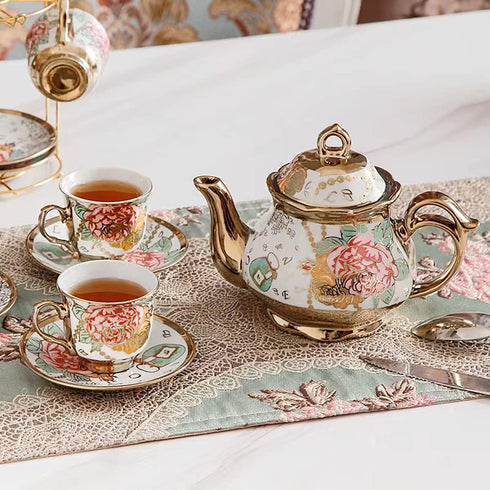 CHANJOON Set, Set 6 Gold Plated Red Rose Ceramic Tea Vintage Teapot, Beautiful Tea Coffee Serving People (Golden