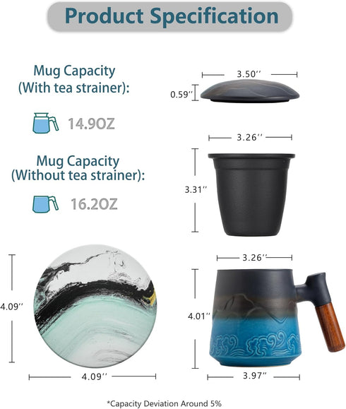 15.2 oz ZENS Tea Cup with Infuser and Lid for Loose Leaf Tea Steeper, Ceramic Tea Mug with Fine Tea Strainers