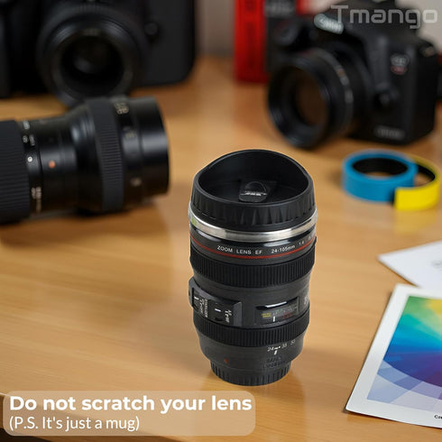 Camera Lens Coffee Mug with Slider Lid – Realistic DSLR Thermos Cup, Novelty Gift for Photographers and Coffee Lovers