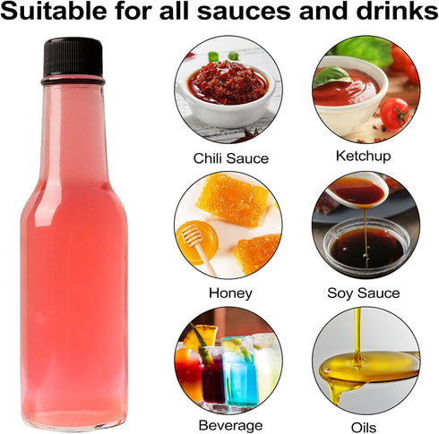 30 Pack Hot Sauce Bottles, 5oz Clear Woozy Bottles with Leak Proof Black Caps and Labels
