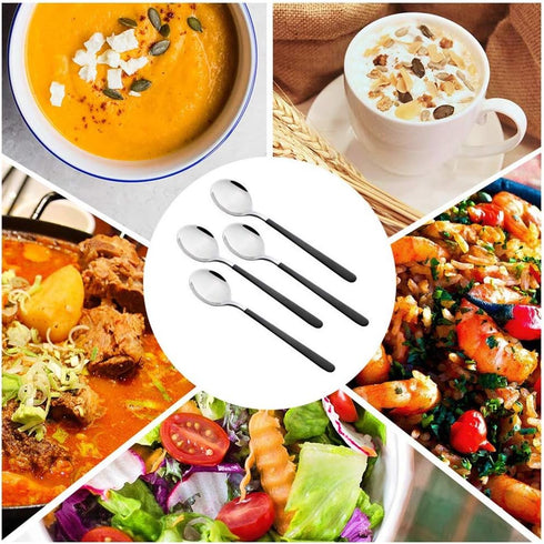 4-Piece Stainless Steel Dinner Spoons, 8 inches Comfort Long Handle, Mirror Polished Flatware, Dishwasher Safe (Black)