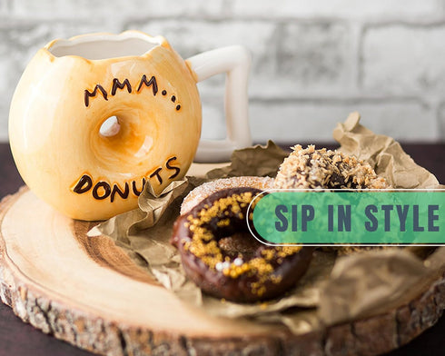 Ceramic Donut Mug - Chocolate Glaze Doughnut Mug with Sprinkles, "MMM... Donuts!" Quote, Large 14 oz Size, Brown