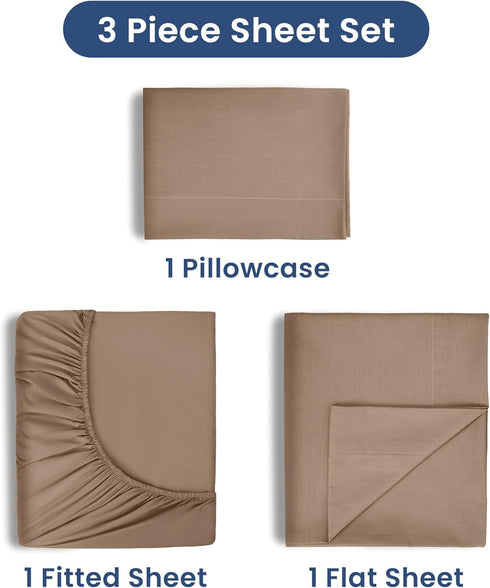 3 Piece Twin Bed Sheets Set, Lightweight Soft Breathable, Beige, Wrinkle Resistant