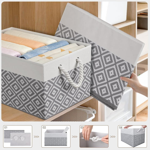 Storage Bins, 2-Pack Large Collapsible Storage Box with Rope Handles for Organizing Books and Clothes (White & Grey)