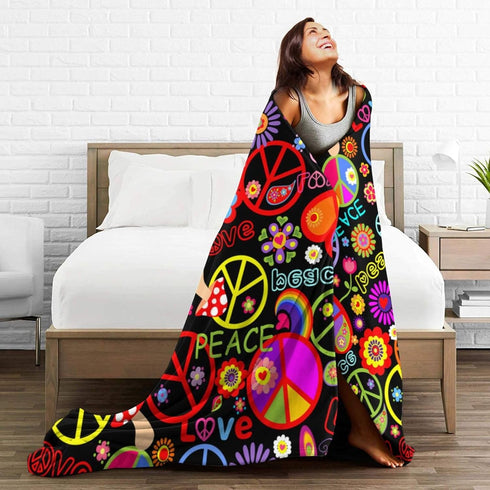 VOOHDDY Cozy 80"x60" Funny Colorful Hippie Peace Love Blanket, Soft Blankets Flannel Bed Throw Lightweight Plush Gifts