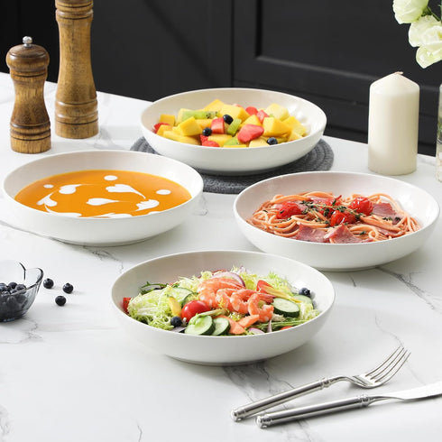MALACASA 8.85" Large Pasta Bowls, 42 OZ White Salad and Soup Bowls Set of 4, Microwave & Dishwasher Safe