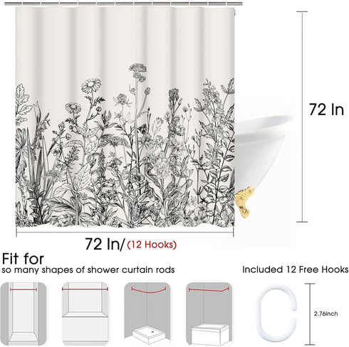 Emvency Shower Curtain Floral Border Herbs and Wild Flowers Vintage Engraving Light Grey Background, 72 x 72 Inches Set